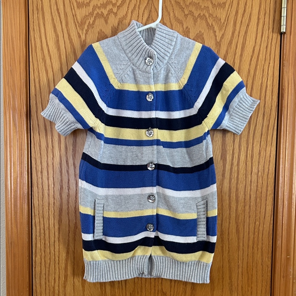 Gymboree Striped Short-Sleeve Button Cardigan in Gray, Blue & Yellow Sz M 7/8